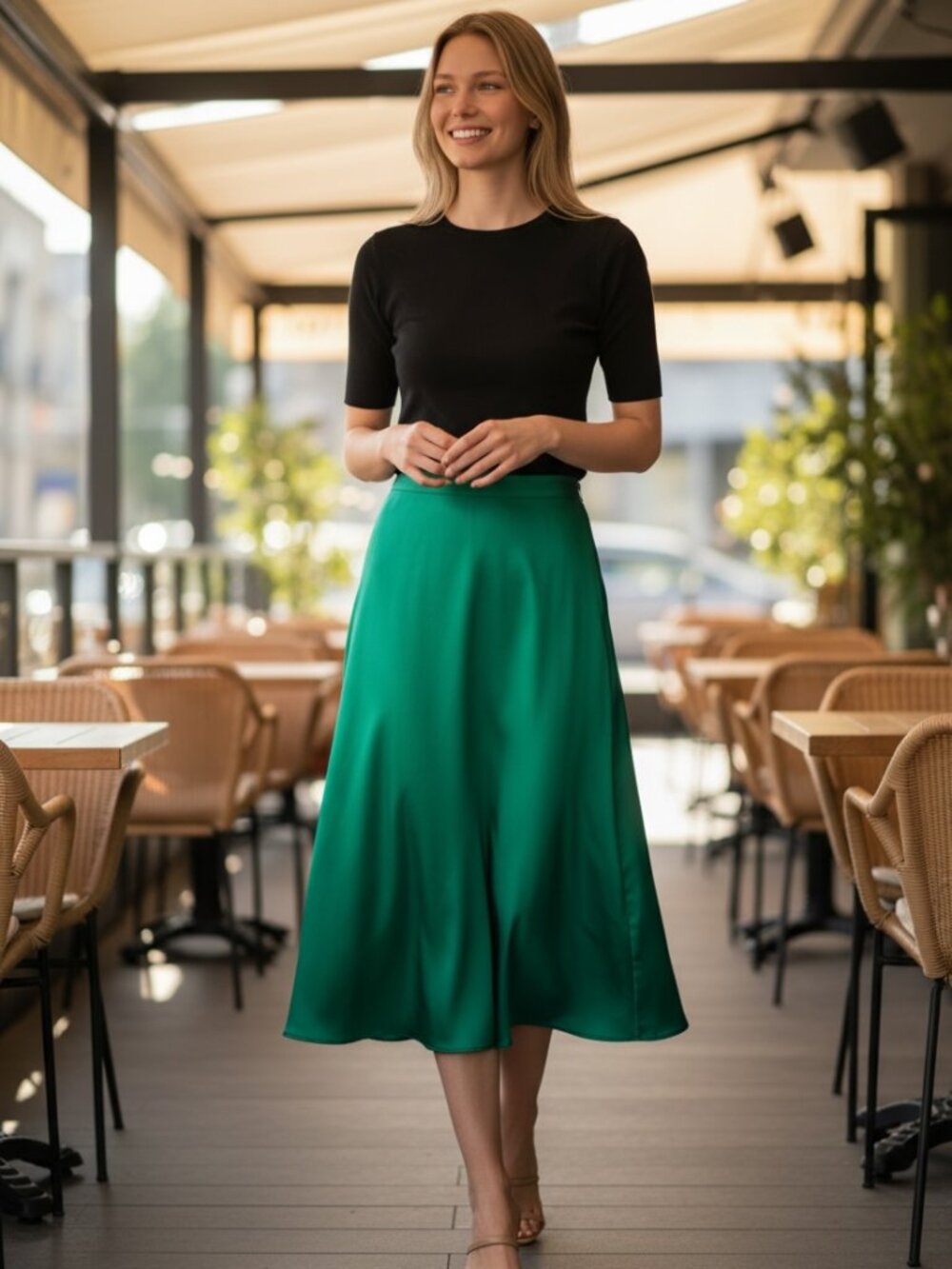 💚 Emerald Green Satin Midi Skirt (Flowy A-Line, Polyester) 💚